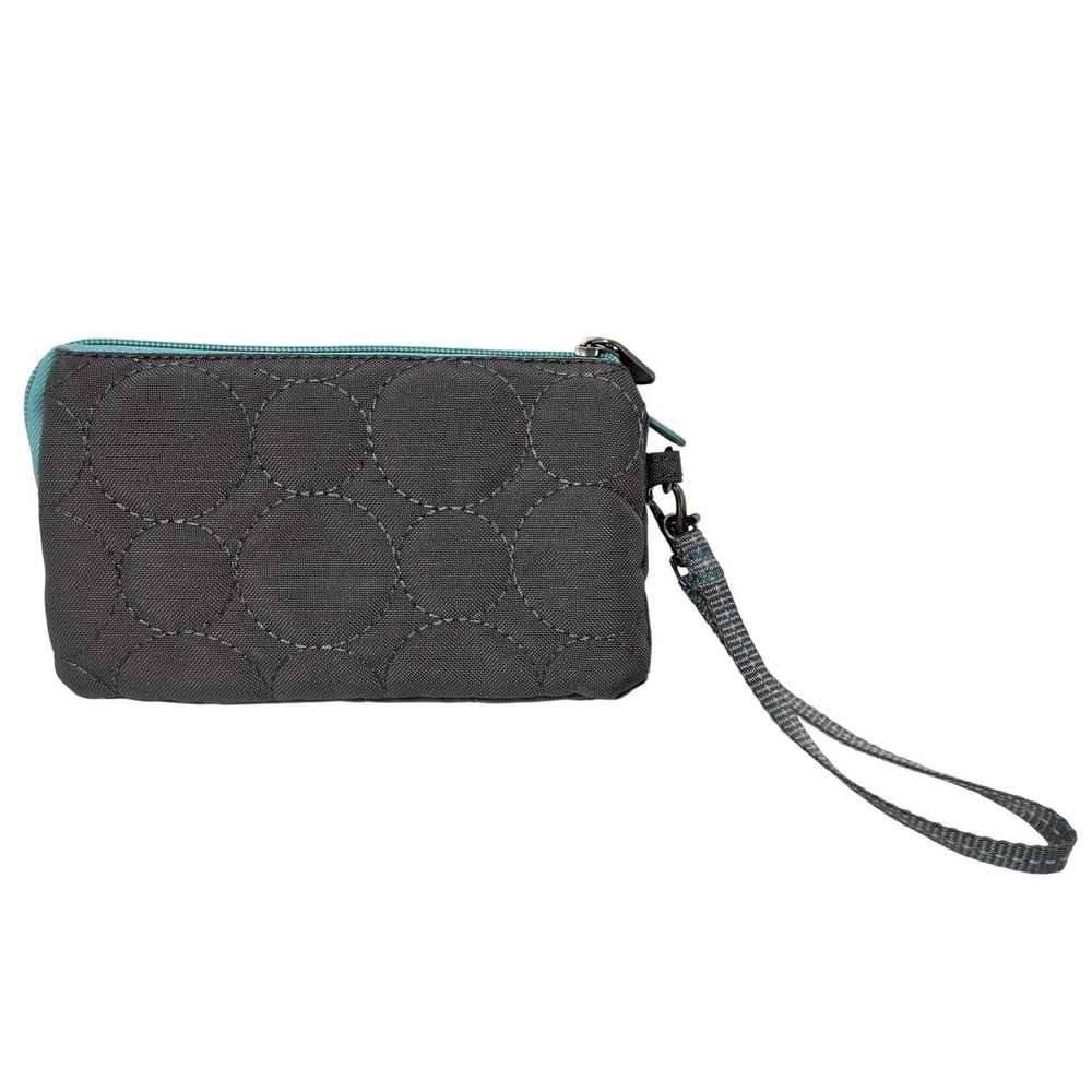 Thirty-One Vary You Gray Quilted Circle Wristlet Wallet Triple Zip Teal Lining